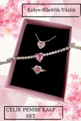 PEMBE KALP ÇELİK KOLYE BİLEKLİK YÜZÜK KOMBİN SETİ SEVGİLİ HEDİYELİK YILDÖNÜMÜ HEDİYE KONSEPT HEDİYE
