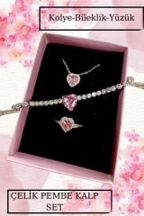 PEMBE KALP ÇELİK KOLYE BİLEKLİK YÜZÜK KOMBİN SETİ SEVGİLİ HEDİYELİK YILDÖNÜMÜ HEDİYE KONSEPT HEDİYE