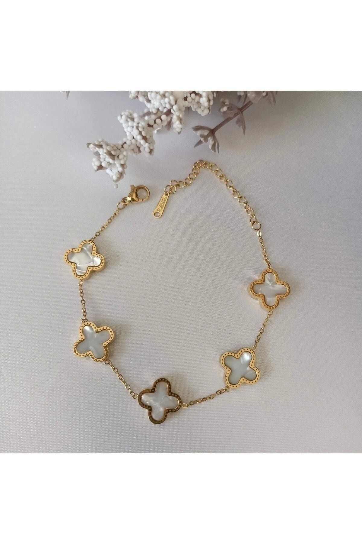 Çelik Beyaz Renk Van Cleef Yonca Bileklik (ÇİFT TARAFLI)