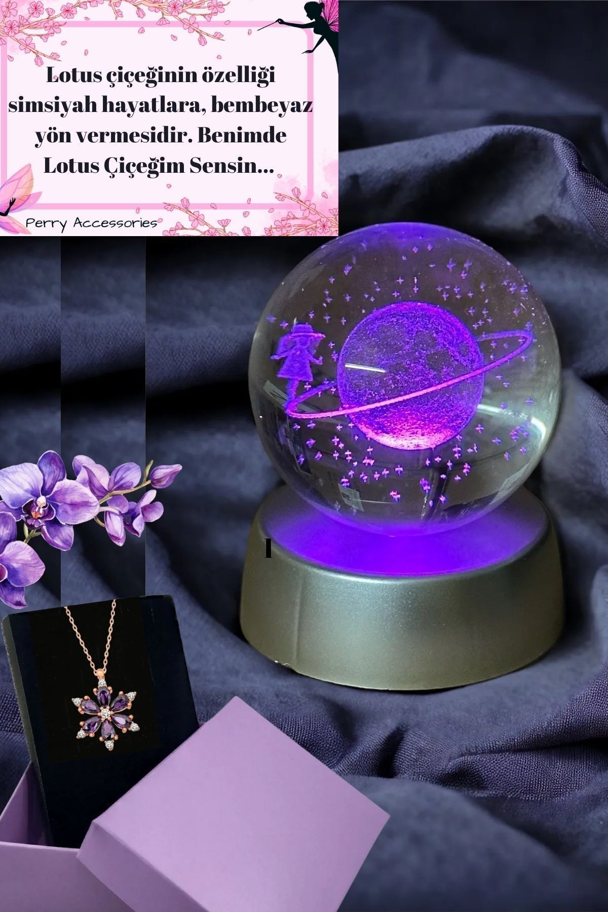 Kararmaz Çelik Mor Lotus Kolye 3d Satürn Kız Renk Değiştiren Küre Hediye Seti Yıldönümü Hediye