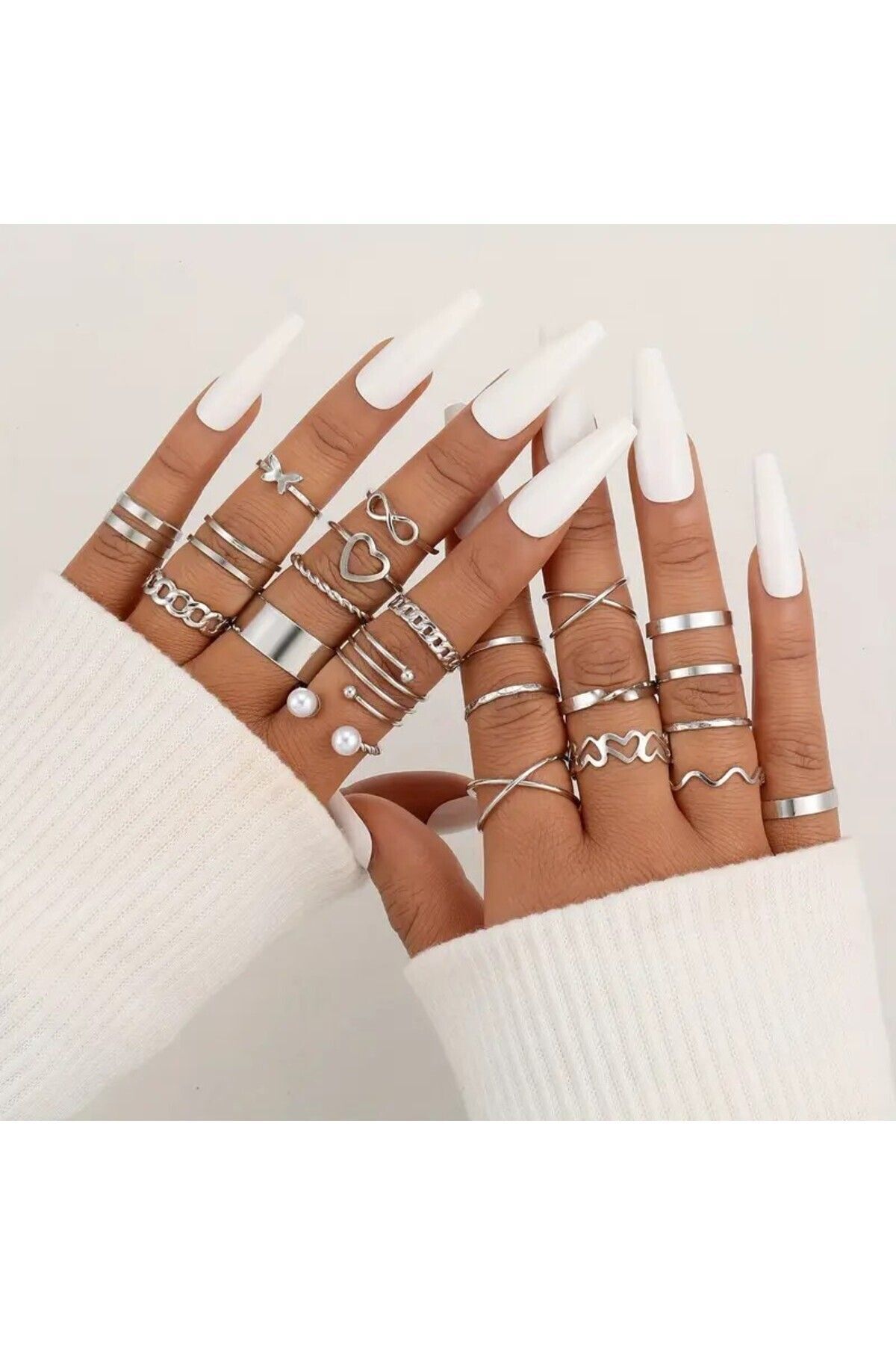 22 adet ayarlanabilir eklem yüzük seti kombin incili yüzük seti kadın kalp yüzük