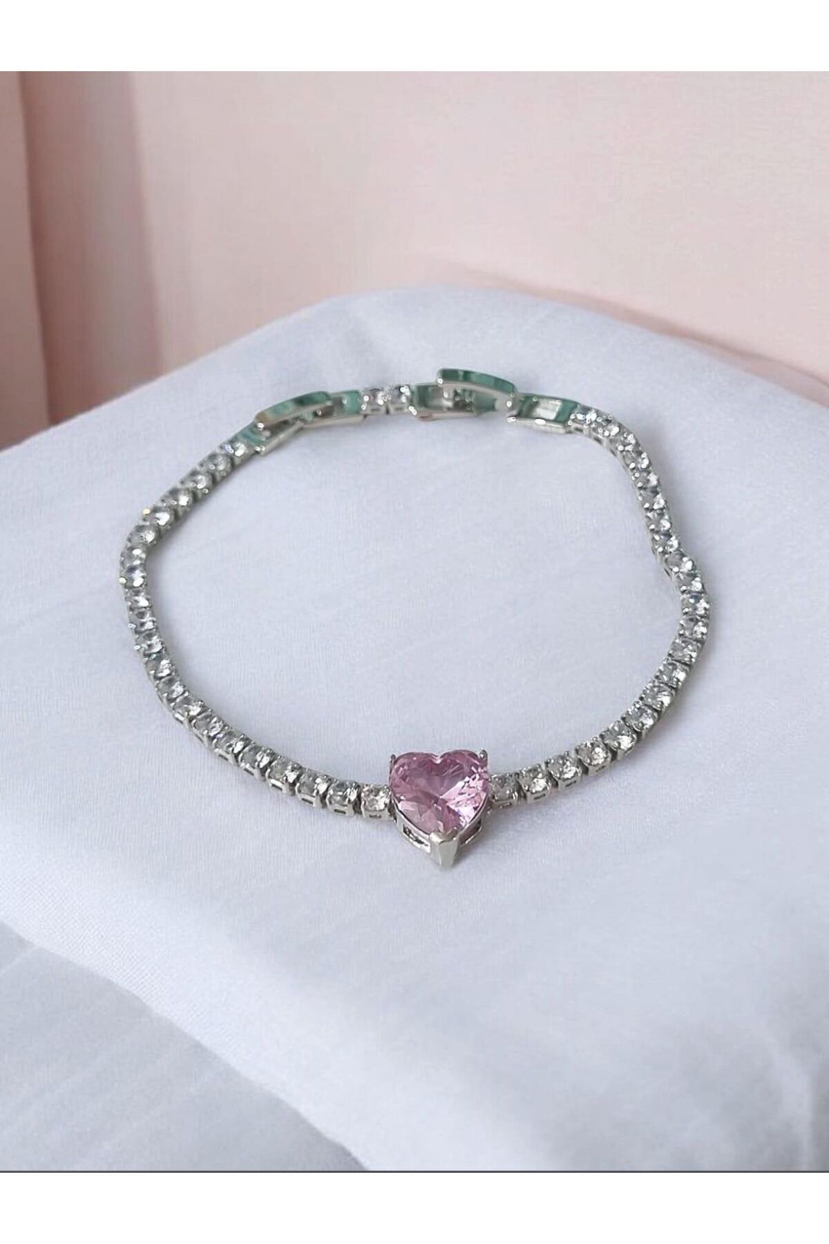 zirkon taş su yolu bileklik pembe kalpli gümüş çelik bileklik
