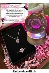 Çelik Kararmaz Pembe Kalp Kolye Yüzük Set Ve Renk Değiştiren Led Işıklı 3d Satürn Kız Kar Küre