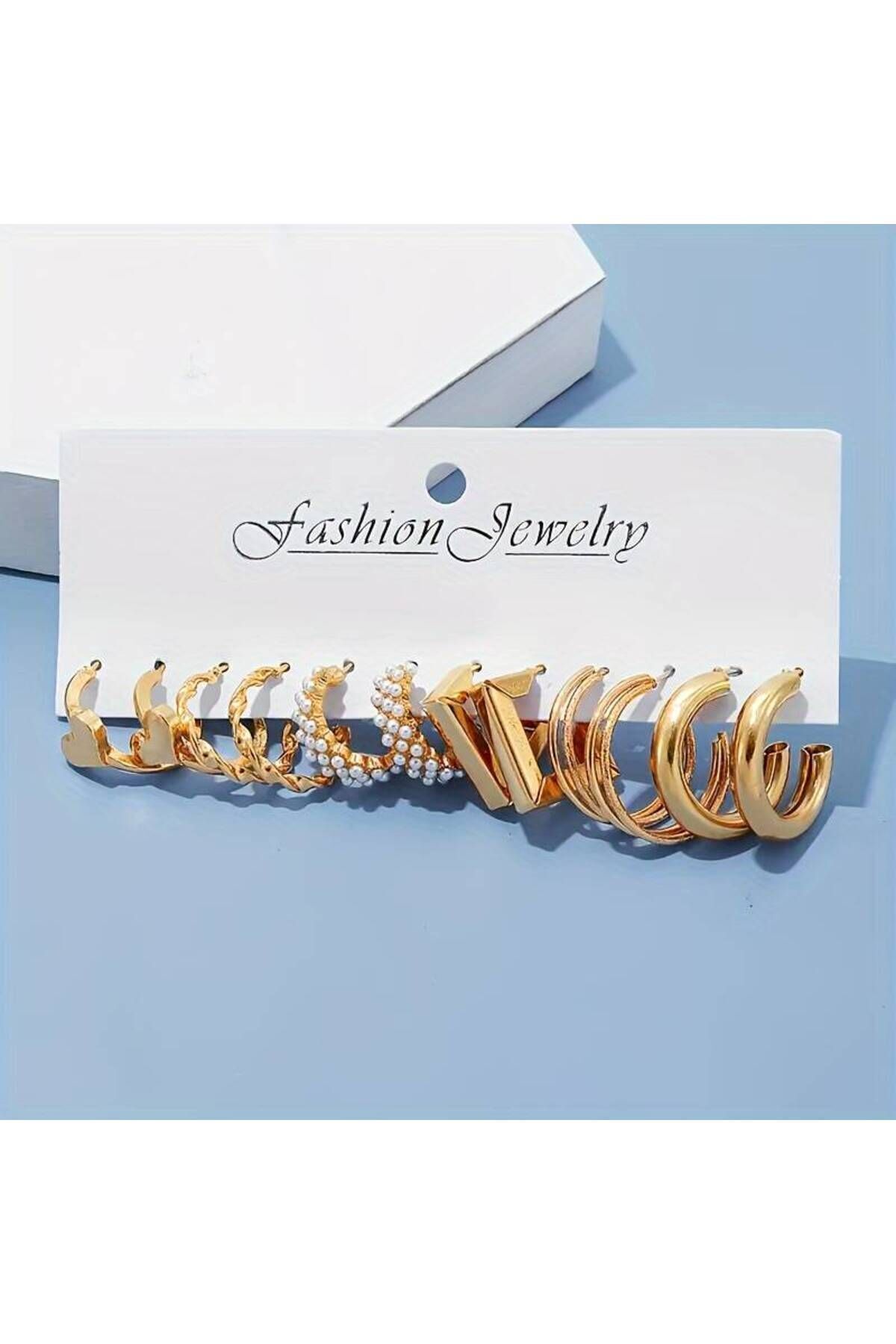 6 Çift Incili Küpe Seti Gold Kadın Küpe Halka Küpe Kalp Küpe Çoklu Kombin Küpe Seti