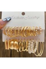 çoklu kombin incili  halka set küpe  12 çift  kadın gold küpe seti