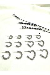 12li set   kadın tırtıklı  halka küpe ve kalp küpe detaylı kombin set