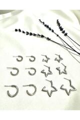 12li Set Kadın Halka Küpe Ve Yıldız Küpe Detaylı Kombin Set