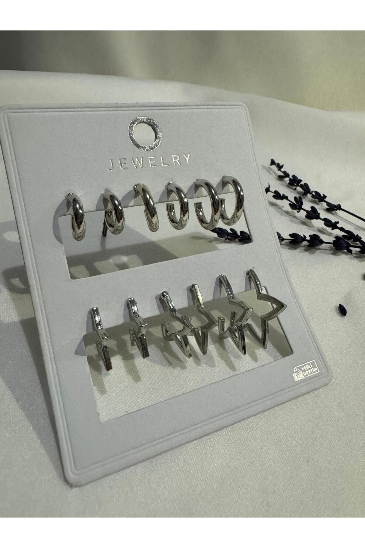12li Set Kadın Halka Küpe Ve Yıldız Küpe Detaylı Kombin Set