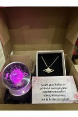 Renk değiştiren led ışıklı cam satürn kız küre dolunay lamba kristal top ve zirkon satürn kolye