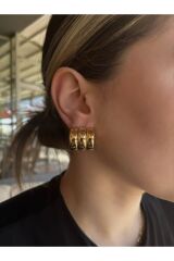 yalı çapkını pelo küpesi gold renk 3 çizgili küpe altın kaplama gold küpe kadın küpe