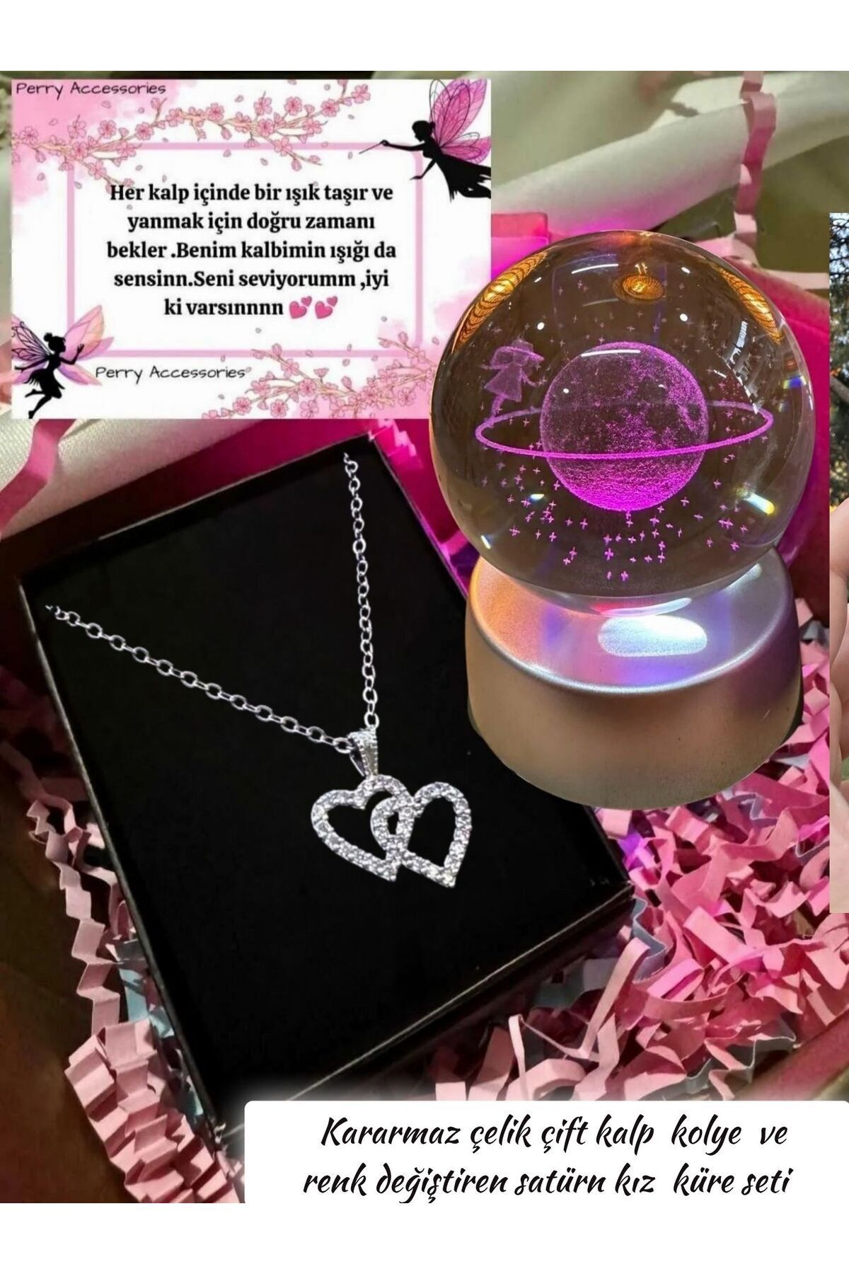 kararmaz çelik çift kalp kolye iç içe geçen kalp kolye ve satürn kız küre seti konsept sevgiliye
