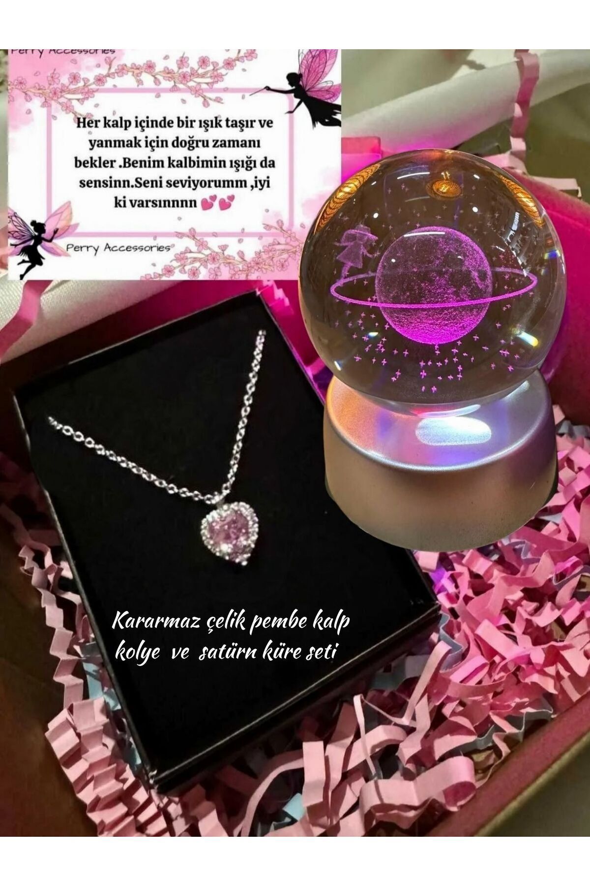 kararmaz çelik pembe kalp kolye ve 3d satürn kız kar küresi hediye seti (süslenerek gönderilmekte)
