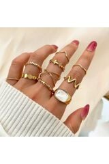 10 Adet Yüzük Seti Mineli Eklem Yüzük Seti Kadın Gold Yüzük Ayarlanabilir Incili Yüzük Seti-111