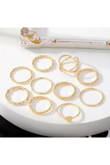 10 Adet Yüzük Seti Mineli Eklem Yüzük Seti Kadın Gold Yüzük Ayarlanabilir Incili Yüzük Seti -112