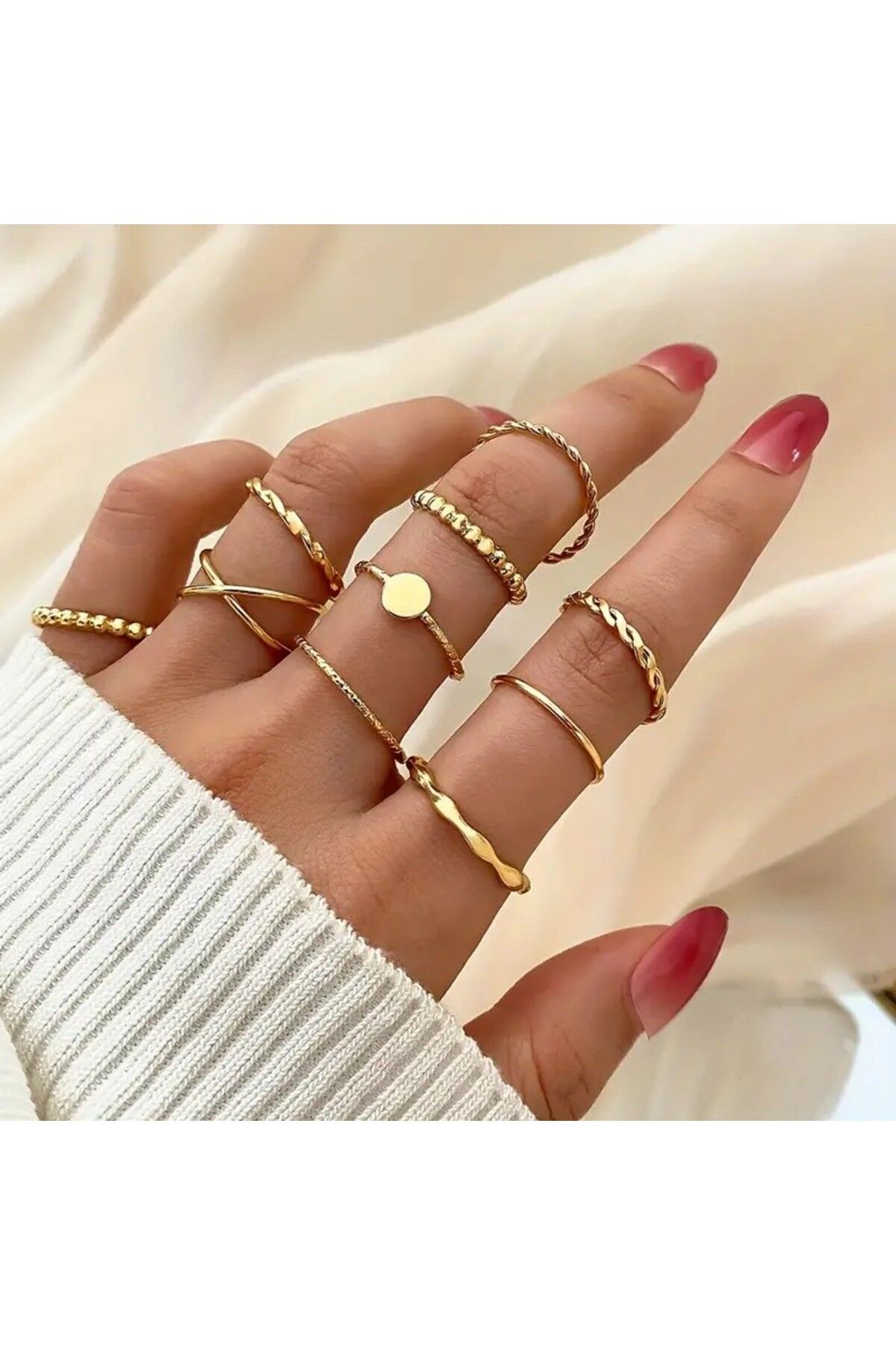 10 Adet Yüzük Seti Mineli Eklem Yüzük Seti Kadın Gold Yüzük Ayarlanabilir Incili Yüzük Seti -112