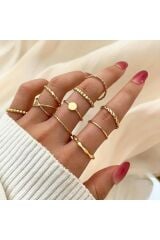 10 Adet Yüzük Seti Mineli Eklem Yüzük Seti Kadın Gold Yüzük Ayarlanabilir Incili Yüzük Seti -112
