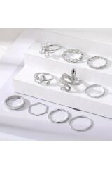 10 Adet Yüzük Seti Yılan Figürlü Eklem Yüzük Seti Kadın Gold Ayarlanabilir Incili Yüzük Seti-113