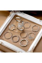 10 Adet Yüzük Seti Yılan Figürlü Eklem Yüzük Seti Kadın Gold Ayarlanabilir Incili Yüzük Seti-113