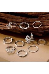 10 Adet Yüzük Seti Yılan Figürlü Eklem Yüzük Seti Kadın Gold Ayarlanabilir Incili Yüzük Seti-113