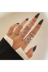 10 Adet Yüzük Seti Yılan Figürlü Eklem Yüzük Seti Kadın Gold Ayarlanabilir Incili Yüzük Seti-113