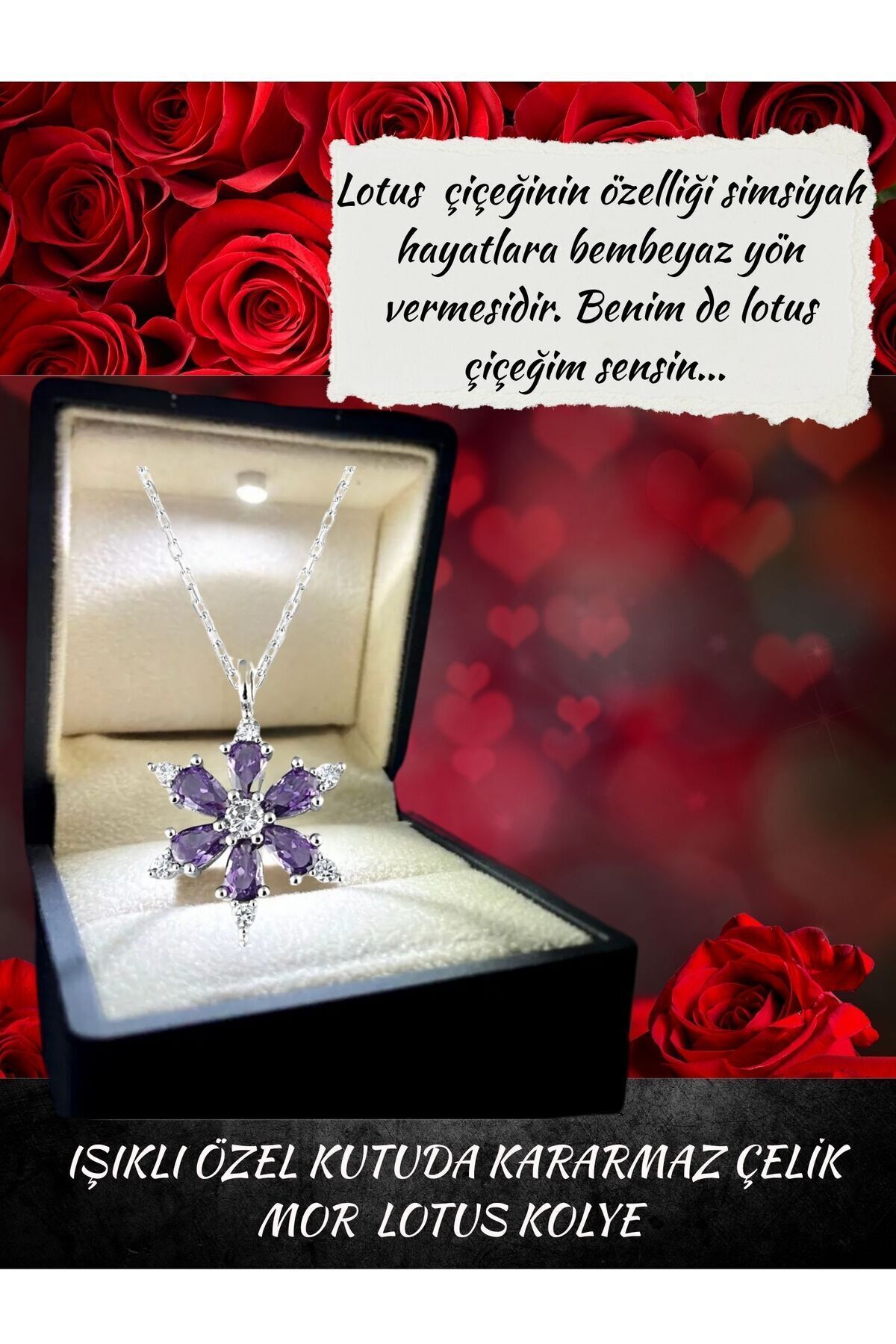 IŞIKLI ÖZEL HEDİYE KUTUSUNDA MOR LOTUS KOLYE KARARMAZ ÇELİK LOTUS KOLYE HEDİYE SETİ