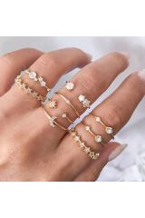 9 Adet Gold Renk Zirkon Taşlı Çoklu Eklem Yüzük Seti Vıp Mineli Çoklu Kombin Kadın Yüzük Seti-101