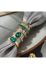 5 Adet Gold Renk Eklem Yüzük Seti Vıp Yeşil Zirkon Taşlı Mineli Çoklu Kombin Kadın Yüzük Seti-104