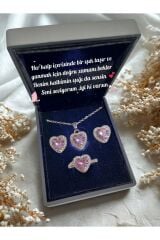 ışıklı kutuda kararmaz çelik pembe taş kolye küpe ve yüzük takımı hediye seti ciddi ilişki seti