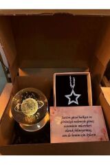 kararmaz çelik zirkon yıldız kolye ve 3d satürn kız şıklı kar küresi hediye seti sevgiliye hediyelik