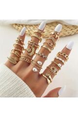 22 Adet Zirkon Taşlı Ayarlanabilir Incili Çoklu Eklem Yüzüğü Kalpli Mineli Eklem Yüzük Seti -014