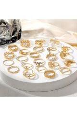 22 Adet Zirkon Taşlı Ayarlanabilir Incili Çoklu Eklem Yüzüğü Kalpli Mineli Eklem Yüzük Seti -014