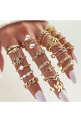 22 Adet Zirkon Taşlı Ayarlanabilir Incili Çoklu Eklem Yüzüğü Kalpli Mineli Eklem Yüzük Seti -014