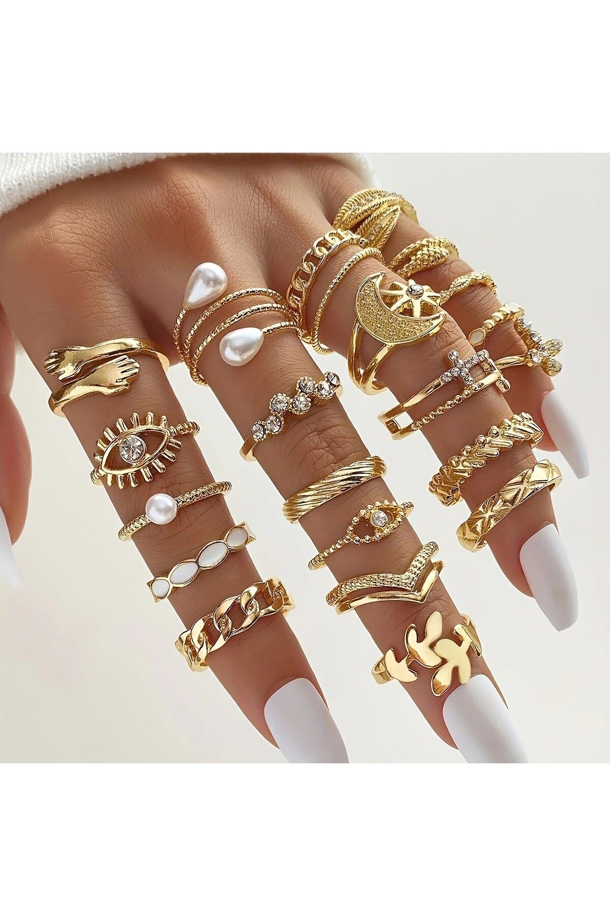 22 Adet Zirkon Taşlı Ayarlanabilir Incili Çoklu Eklem Yüzüğü Kalpli Mineli Eklem Yüzük Seti -014