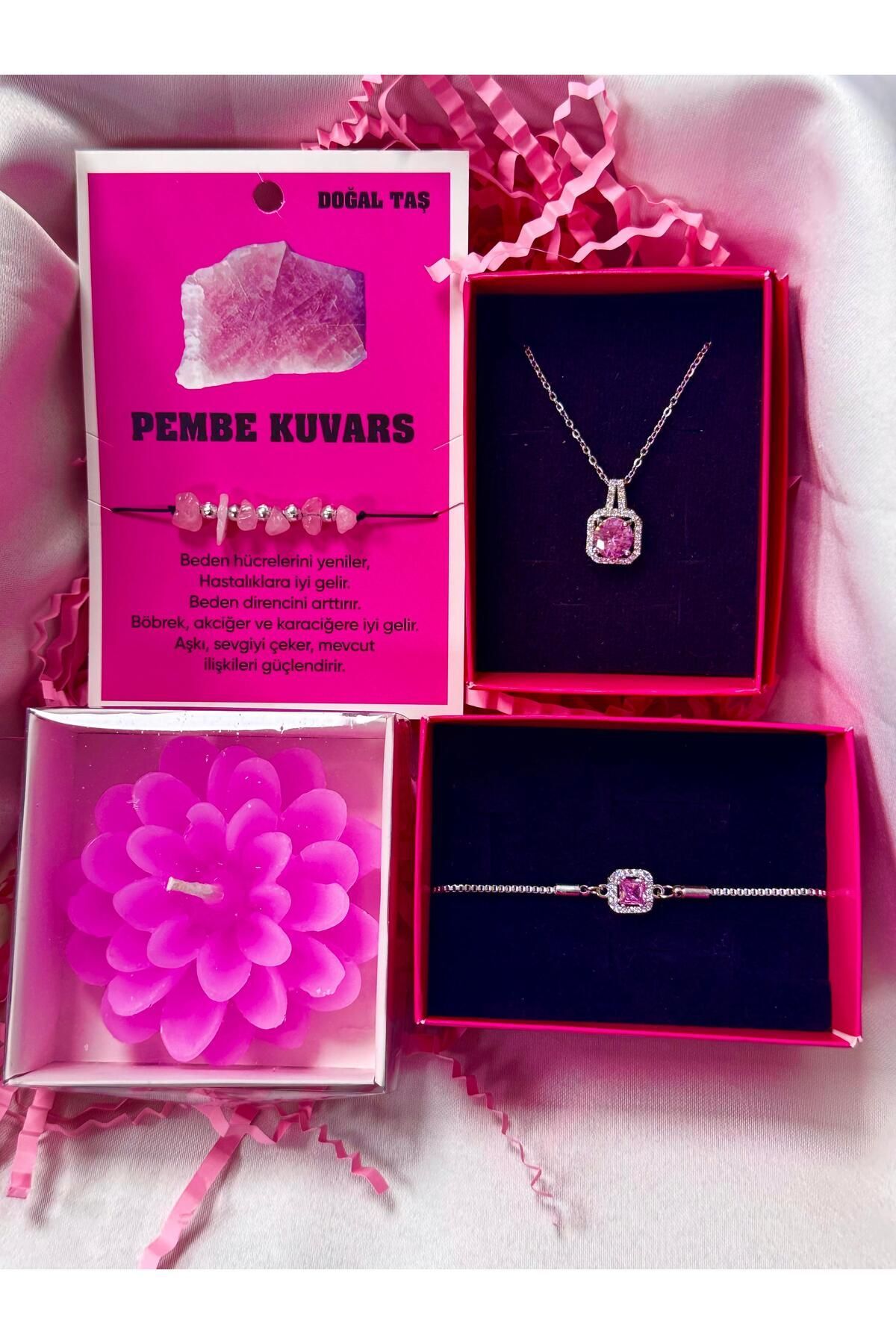 kararmaz çelik pembe baget kolye bileklik,mum,toka hediye seti sevgili hediye çelik kolye bileklik
