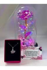 solmayan sonsuzluk gülü ve kararmaz çelik pembe kuğu kolye sevgiliye hediyelik set hediye sepeti