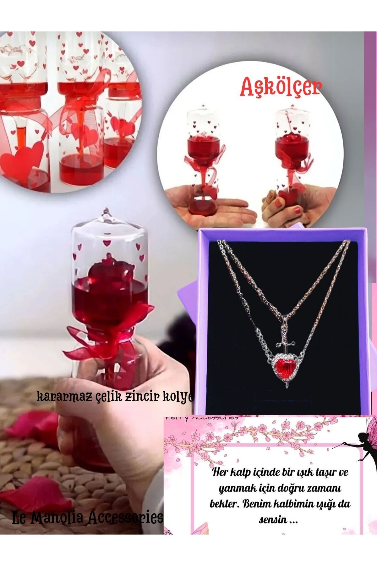 KIRMIZI ZİRKON KARARMAZ ÇELİK KALP KILIÇ SEVGİLİ KOLYESİ VE AŞKÖLÇER HEDİYE SETİ