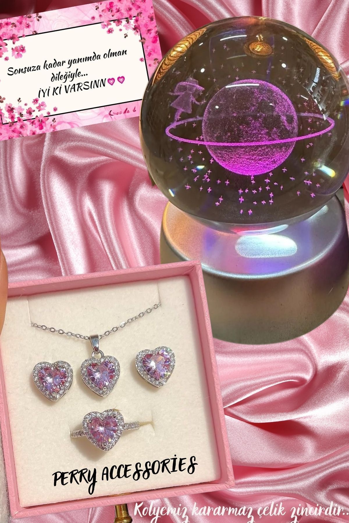 KARARMAZ ÇELİK PEMBE KALP KOLYE KÜPE YÜZÜK SETİ VE 3D SATÜRN KIZ KAR KÜRESİ LOVE HEDİYE SETİ