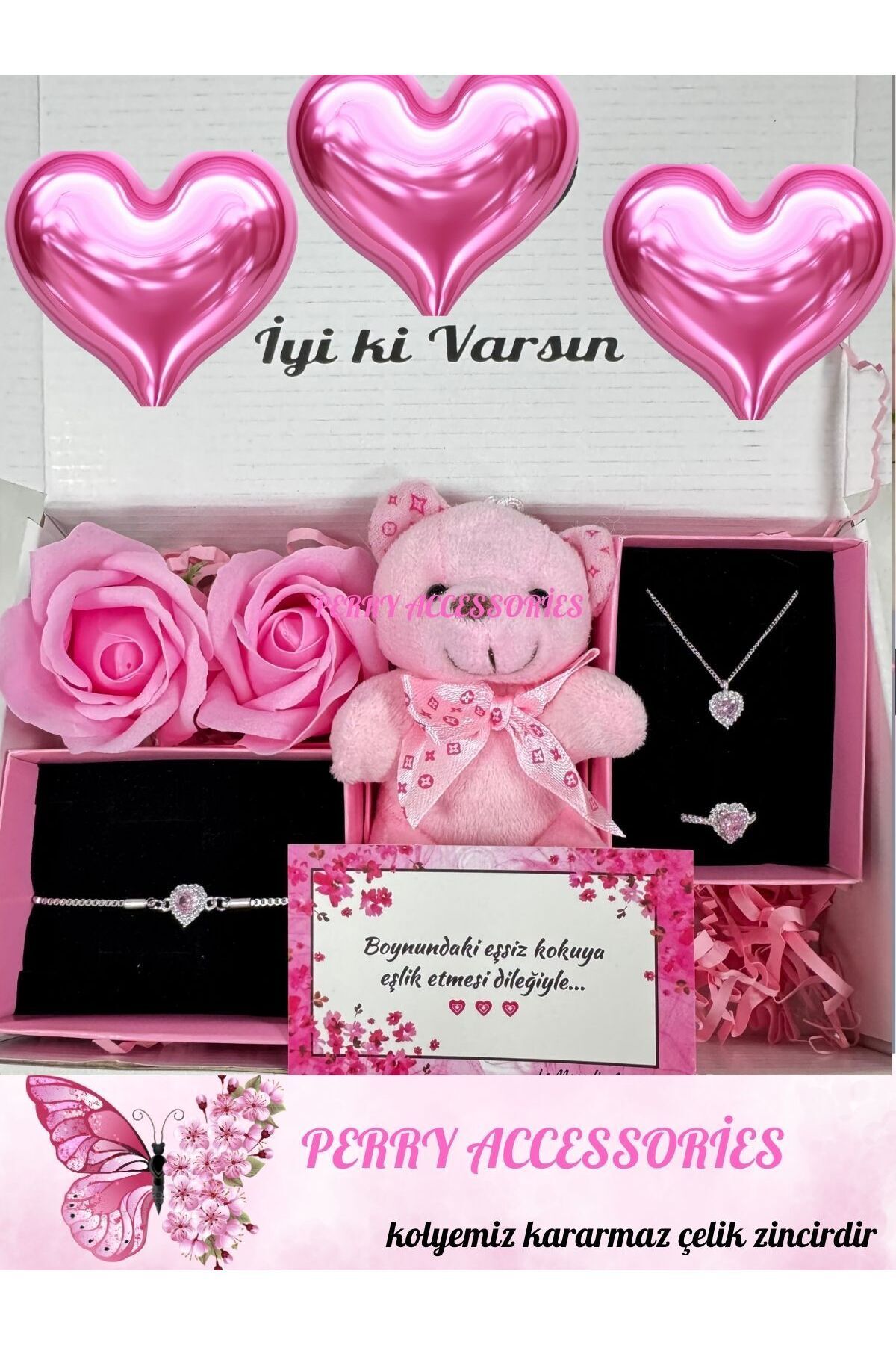 kararmaz çelik pembe kalp kolye bileklik yüzük seti ,ayıcık ve kokulu gül sevgiliye hediye seti