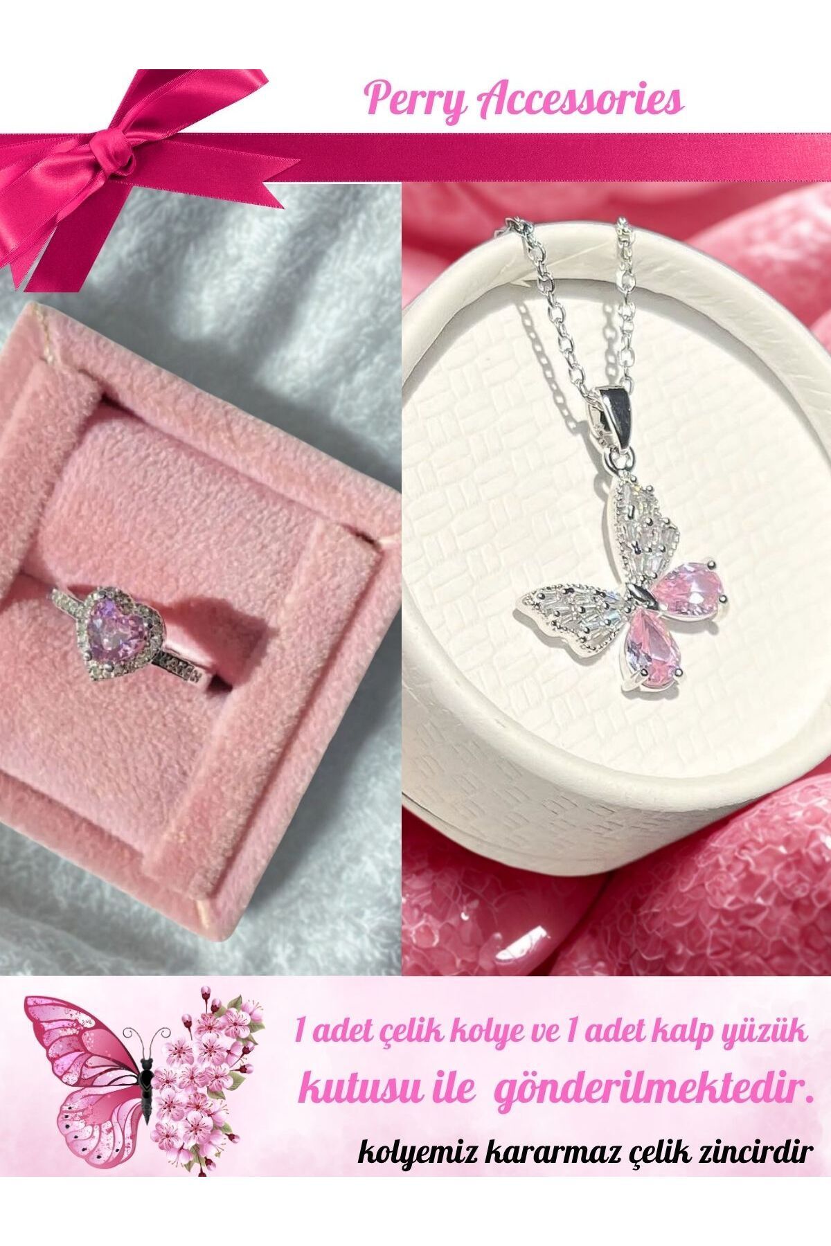 1 adet kararmaz çelik kelebek kolye ve 1 adet pembe kalp yüzük hediye sepeti
